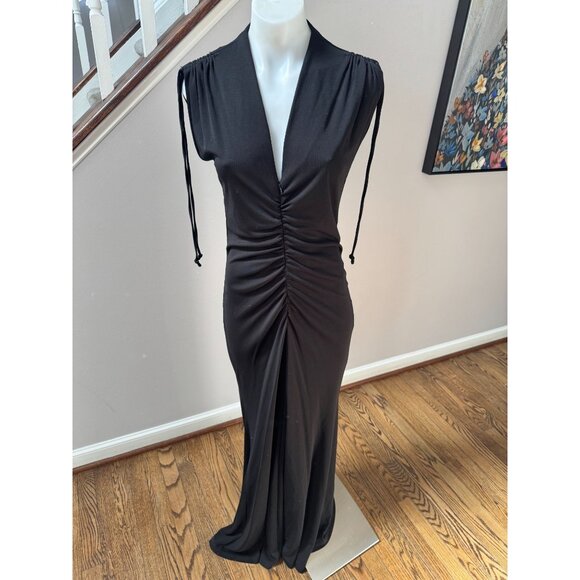 Nicole Miller Black Zip Front Ruched Deep V Neck Gown Cocktail Dress Slinky 6 - Picture 1 of 5